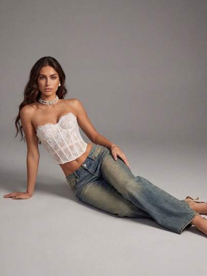 SHEIN Tall Women's Floral Lace Fitted Camisole Top Bustier Top Corset Top Dress,Lace Up Sweetheart Neck Sleeveless Crop Top Perfect For Parties