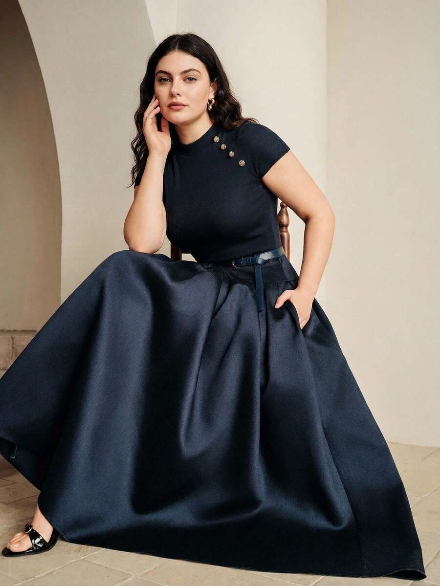 Anewsta New Elegant Round Neck Cap Sleeve Knit Patchwork Flared Waist Dress With Belt, Plus Size - Navy Blue - View 1