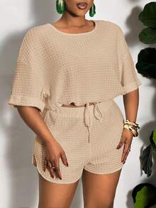 Slaydiva 大码休闲纯色抽绳开衩两件套，夏季 - 杏色 - 查看 8