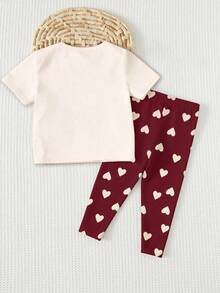 奶油白与红色，甜美简约爱心图案印花，可爱小鹿套装，少女休闲舒适柔软圆领短袖T恤和打底裤，适合春夏日常、居家、度假、街头、派对等场合，春夏穿搭，轻松舒适，时尚少女，休闲装，儿童爱心图案服装，春夏服装，时尚夏季，新款 - 彩色 - 查看 2