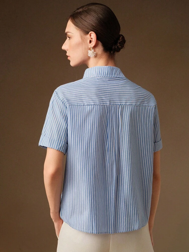 Elegant Romantic Striped 3D Floral Lace Patchwork Collared Women Blouse