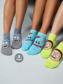Rick and Morty X SHEIN 3双装柔软透气吸湿休闲短袜，时尚可爱卡通灰蓝绿配色，加固趾部和后跟，经久耐穿，男女通用，四季皆宜，夏季冬季百搭图案袜 - 彩色 - 查看 2
