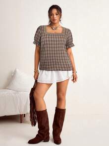 Freevana Plus Size Plaid Square Collar Short Sleeve Shirt - Coffee Brown - View 5