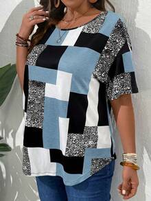 EMERY ROSE Camiseta informal de talla grande con estampado de bloques de color, verano - Azul - Ver 5