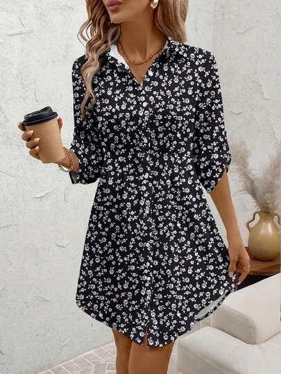 SHEIN Clasi Casual Minimalist Vacation Bohemian Elegant Romantic Retro Black & White Ditsy Floral Pattern Dress, Suitable For Beach, Vacation, Women's Summer Outfit, Shirt-Style Button-Down Short Dress