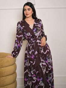 DAZY 女士印花长袖荷叶边下摆优雅睡袍 - 紫色 - 查看 6