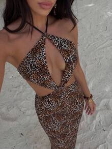 Bonvoyette 女士优雅时尚豹纹针织度假连衣裙 - 彩色 - 查看 3