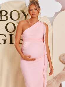 Loomaby 孕妇纯色单肩长裙，时尚派对装 - 粉色 - 查看 5