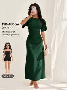 SHEIN PETITE Đầm nữ mùa hè màu trơn, chất liệu pha lanh, kiểu dáng thanh lịch thường ngày. - Màu xanh lá cây đậm - Xem 9