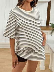 SHEIN Áo thun ngắn tay cổ tròn kẻ sọc dáng casual dành cho bà bầu, thích hợp mặc mùa hè. - Nhiều màu - Xem 3