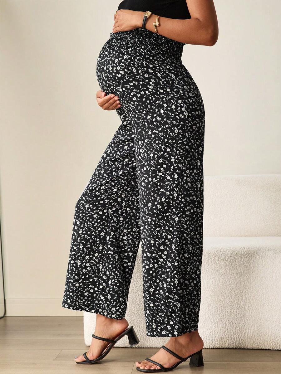 MaterniWear Quần Palazzo cạp cao dáng rộng thoải mái dành cho bà bầu với họa tiết hoa. - màu đen - Xem 1
