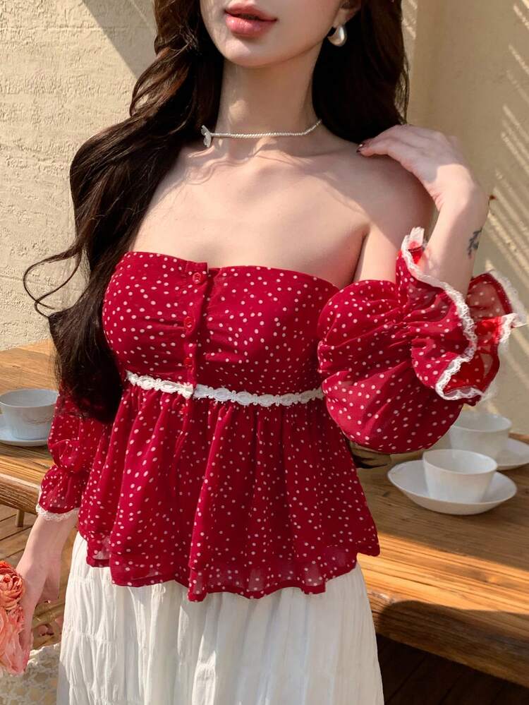Spring & Summer Polka Dot Print Red Blouse With Ruffle Lace Trim, Hollow-Out Design, Off-Shoulder, Cropped, Waist Cinching, Short Sleeve, Casual Beach Vacation Style Boho