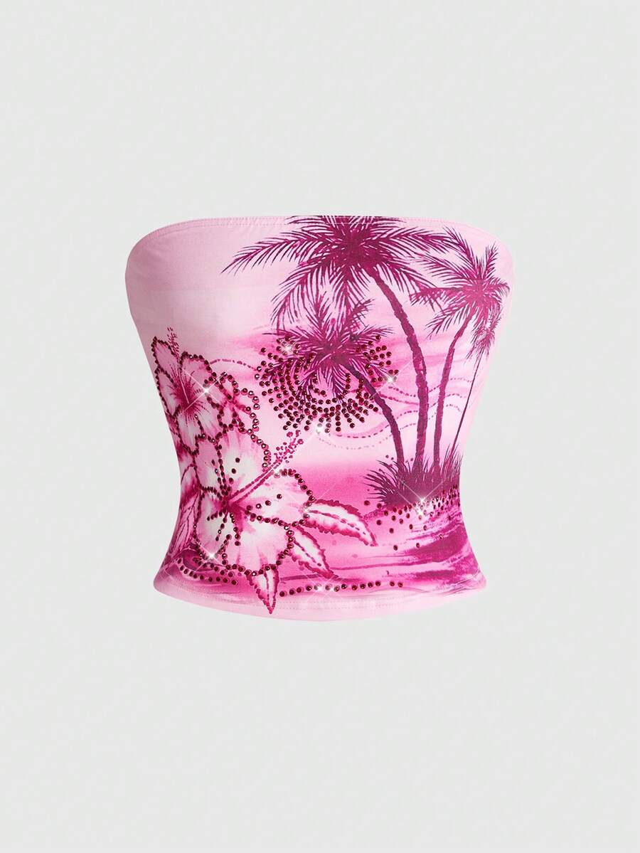 ROMWE Avant Island Vacation Style Hibiscus, Palm Tree, Sunset, Pink Sea Rhinestone Print Y2K Crop Top For Plus Size Women - Pink - View 1