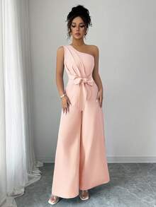 Elenzga Bộ jumpsuit ống rộng màu trơn thanh lịch, thắt eo, phù hợp cho người đi làm. - Hồng - Xem 3