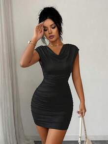 Elenzga Vestido corto elegante con cuello de volantes plisados, vestimenta casual para vacaciones y fiestas, vestido de primavera y verano de color rosa para mujeres - Negro - Ver 3