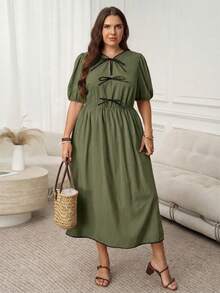 SHEIN LUNE Plus Size Women's Fashion Casual Bow Tie Short Sleeve Dress Casual Dresses For Woman Spring Outfits For Women Dresses Puff Dress For Women Resort Wear Women Vacation Dress French Style Dress Women Casual Dresses Es Women's Summer Outfits Women Vacation Outfit Mother's Day Women's Summer Dresses - Green - View 7