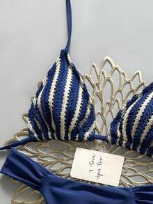 Swim Mod Bộ bikini hai mảnh mùa hè dành cho nữ, gồm áo tam giác buộc dây và quần bikini xếp ly, chất liệu vải dệt kim có họa tiết, thích hợp mặc đi biển. - Màu xanh lam - Xem 4