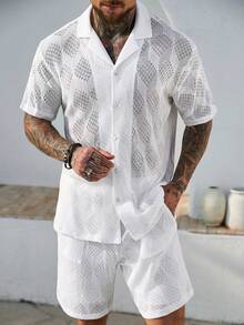 Manfinity CasualCool Men's White Summer Funny Vacation Holiday 2 Pieces Outfits,Hollow Out Knitted Mesh Short Sleeve Lapel Shirt And Slant Pocket Shorts Set,Beach Wear - White - View 8