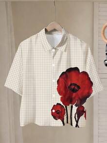 Manfinity Joysei 复古红黑渐变印花图案与艺术格纹碰撞的男士宽松短袖衬衫，艺术清新男士短袖衬衫 - 彩色 - 查看 3