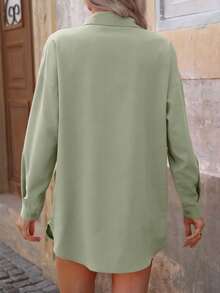 Clasi Camisa casual de manga larga con botones en color liso, blusas de manga larga - Verde Oliva - Ver 2