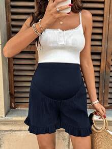 SHEIN Pantalones cortos sueltos de maternidad de unicolor con cintura ajustable y dobladillo con volantes - Azul Marino - Ver 6