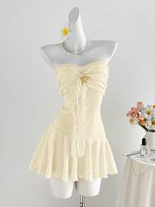 SHEIN Unity 女士黄色针织提花金属海星装饰荷叶边迷你连衣裙，收腰设计，波西米亚优雅派对约会休闲百搭款，春夏款 - 杏色 - 查看 3