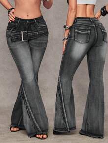 Jeanoix 女士Y2K时尚街头休闲通勤搭扣腰带毛边水洗喇叭牛仔裤 - 黑色 - 查看 4