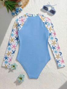 SHEIN Áo tắm liền thân dài tay phối màu dành cho thiếu nữ, thích hợp cho kỳ nghỉ biển, tiệc bể bơi, tiệc bãi biển. - Màu xanh lam - Xem 1