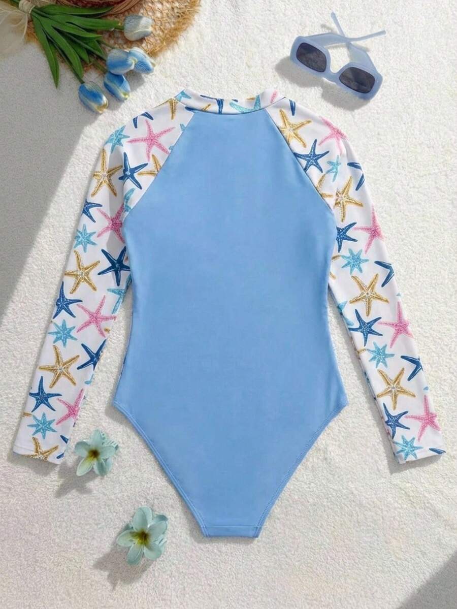 SHEIN Áo tắm liền thân dài tay phối màu dành cho thiếu nữ, thích hợp cho kỳ nghỉ biển, tiệc bể bơi, tiệc bãi biển. - Màu xanh lam - Xem 1