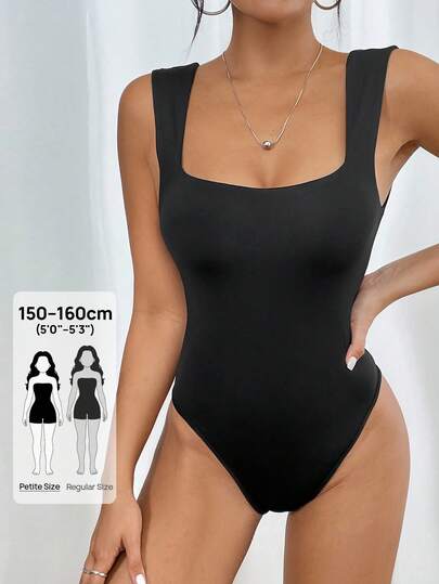 SHEIN PETITE Body Preto De Pescoço De Colher Sólido Sem Mangas Com Gola Em U