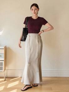 Dazy-Less 春夏时尚商务休闲通勤A字拼接鱼尾裙 - 卡其色 - 查看 4