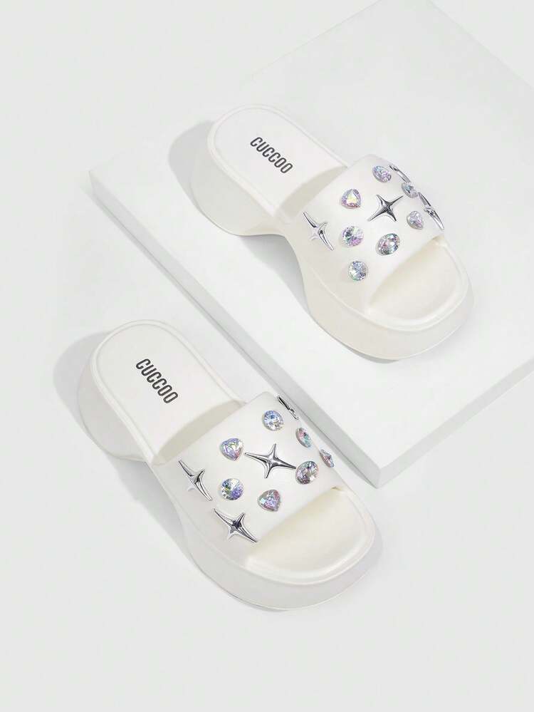 Star Heart & Rhinestone Decorated Summer Casual Anti-Skid Slippers For Summer Vacation Shoes Summer New Year Holiday For Casual Beach Style
