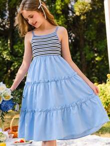 Đầm dây vai xếp ly, họa tiết sọc, chắp vá, dành cho bé gái tuổi teen đi nghỉ mát ở bãi biển. - Màu xanh lam - Xem 7
