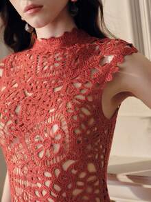 Anewsta Vestido de encaje de manga corta con cintura ajustada y longitud media, elegante para el verano - Rojo - Ver 5