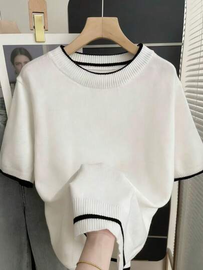 男士休闲撞色滚边圆领短袖针织上衣