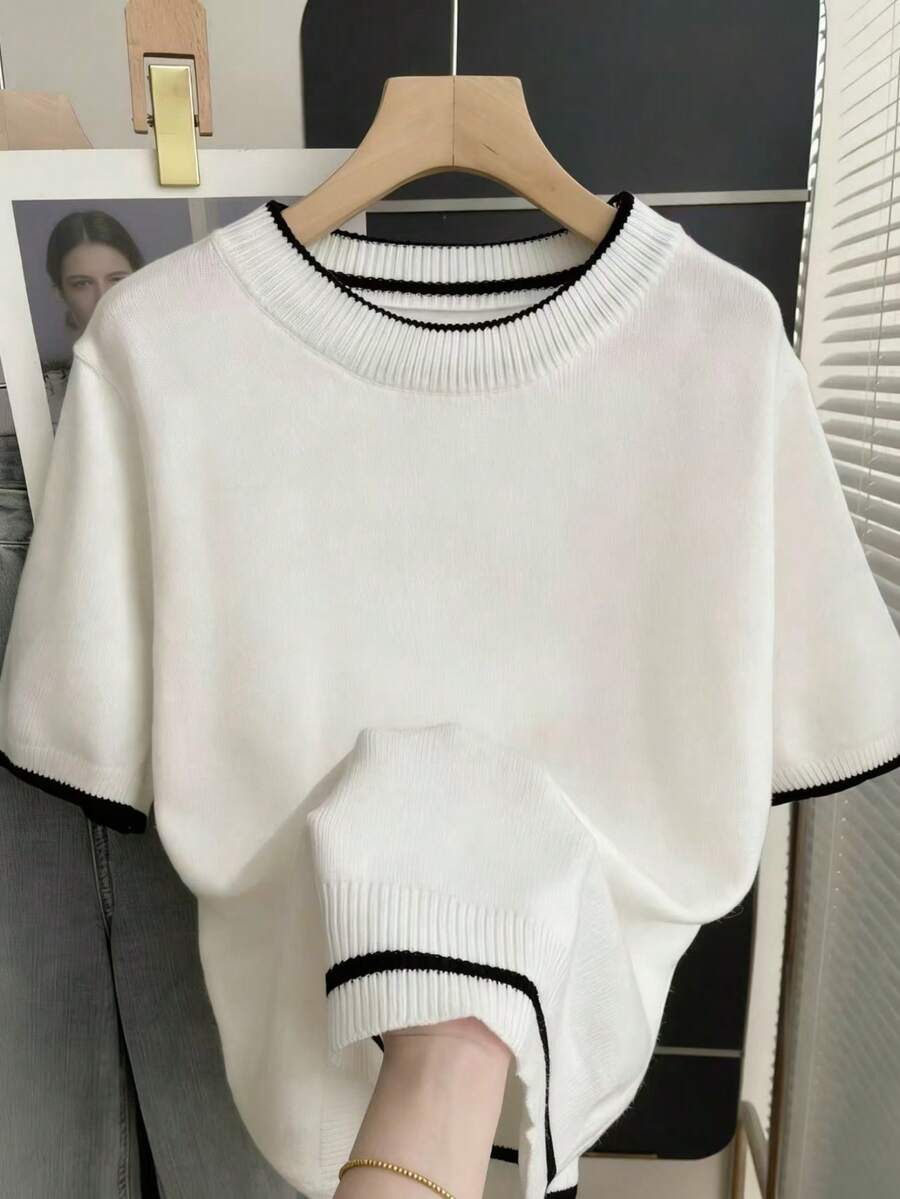 男士休闲撞色滚边圆领短袖针织上衣 - 白色 - 查看 1