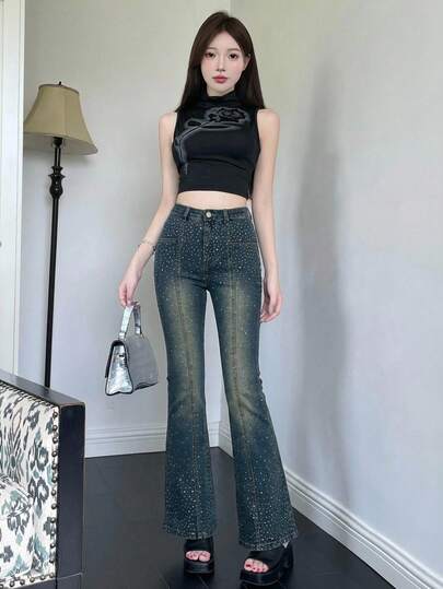 DAZY 女士水钻纽扣休闲百搭日常喇叭牛仔裤