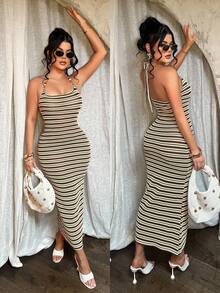 SHEIN SXY Vestido de Body ceñido con cuello halter a rayas para vacaciones en la playa - Multicolor - Ver 5