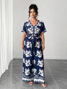 Elenzga Plus Size Elegant Floral Print Jumpsuit, Summer - Multicolor - View 4