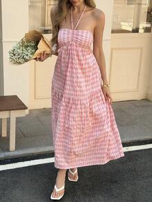 Livesso 春夏粉色格子吊带露背连衣裙，适合情人节派对、婚礼、音乐节、休闲海滩度假、优雅办公室通勤游轮装扮，女士吊带裙 - 粉色 - 查看 4