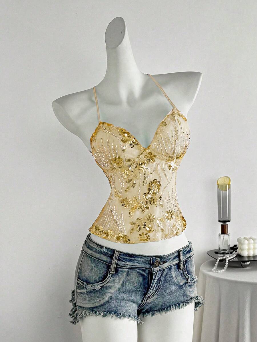 Zolique Vacation Sequin Embroidered Mesh Sexy Backless Halter Top Bustier Tops For Women Tops For Women Summer Cute Vintage Italian Camis - Pale Yellow - View 1