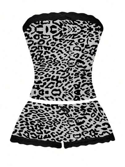 Zyxie 女士黑色豹纹蕾丝拼接抹胸上衣和短裤两件套