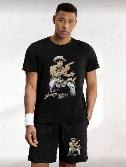Conjunto de Camiseta Corta y Pantalones Cortos para Hombre, Estampado de Chalino Sánchez, Corte Amplio, Estilo Callejero Occidental