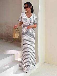 ZIRRA 女式条纹V领短袖针织连衣裙 - 白色 - 查看 4