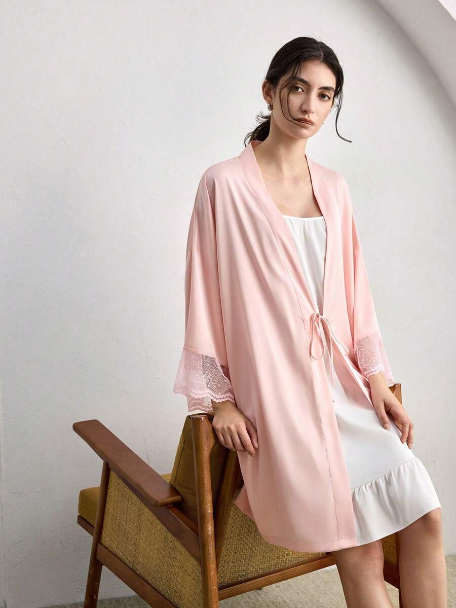Ocili Women's Lace Trim Elegant Robe - Pink - View 1