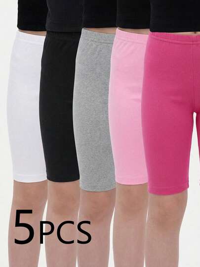 Bộ 5 chiếc quần short/legging bó sát, màu đen trơn, kiểu dáng tối giản, thoải mái dành cho bé gái.
