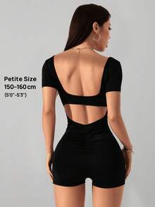 SHEIN PETITE Bộ đồ liền thân hở lưng không tay màu trơn dành cho nữ - màu đen - Xem 7
