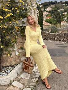 Selianne Spring/Summer Elegant Slim Fit Hollowed-Out Textured Flared Sleeves Yellow Wavy Trim Women's Maxi Beach Vacation Long Sweater Dress - Yellow - View 6