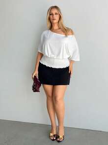 Auralis Camiseta de talla grande de verano, de unicolor, con cuello asimétrico y cintura ceñida - Blanco - Ver 4
