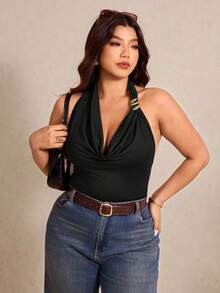 Elaquor Áo quây hở lưng màu trơn dành cho nữ cỡ lớn - màu đen - Xem 1